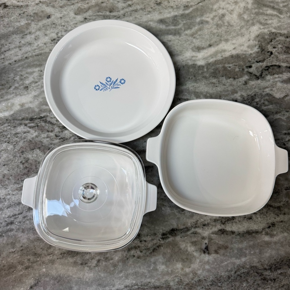 Vintage Corning Ware Blue Cornflower Bakeware Set 3 Pieces w Lid Made in U.S.A.